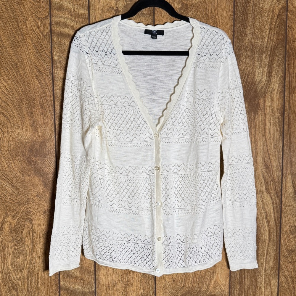 Frye Ivory Pointelle Knit Scalloped V-Neck Button Front Cardigan Sweater Large